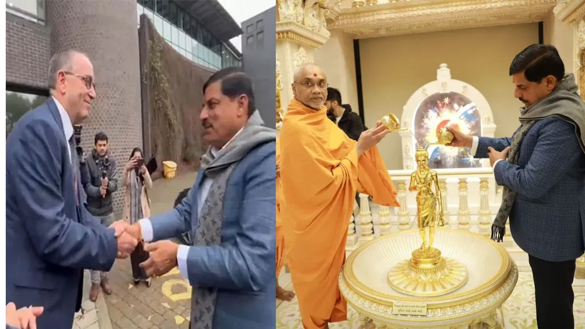सीएम मोहन यादव का लंदन दौरा, Warwick यूनिवर्सिटी में भारतीय छात्रों से मिले, स्वामीनारायण मंदिर में की पूजा-अर्चना