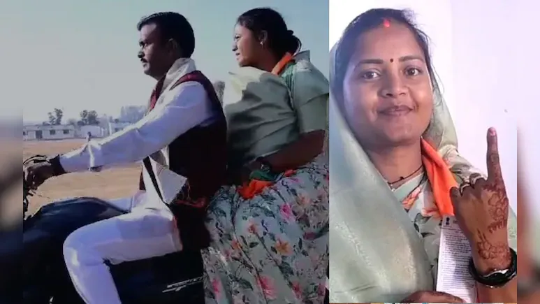 पति के साथ बाइक पर बैठकर वोट देने पहुंचीं विष्णु कैबिनेट की मंत्री