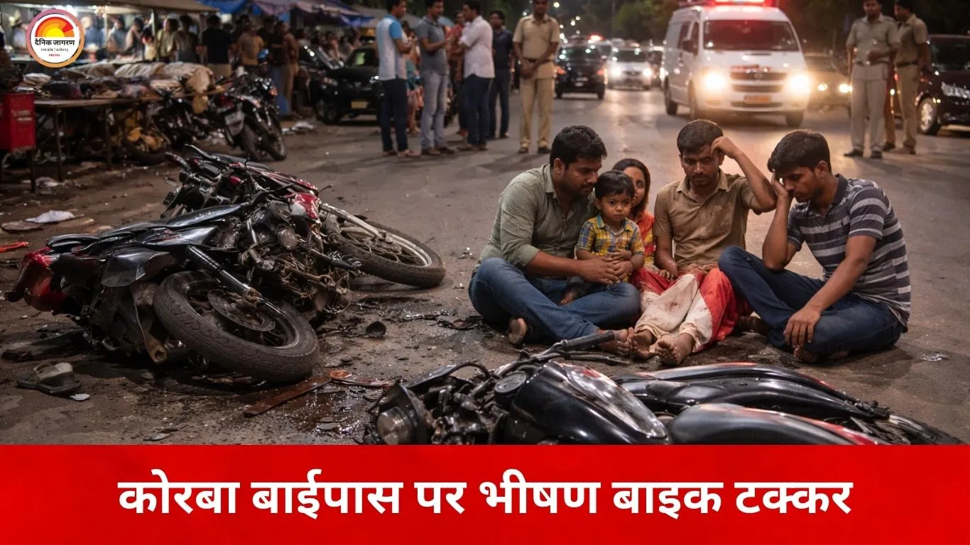 कोरबा बाईपास पर दो बाइकों की सीधी टक्कर, 5 वर्षीय बच्चा समेत 4 घायल