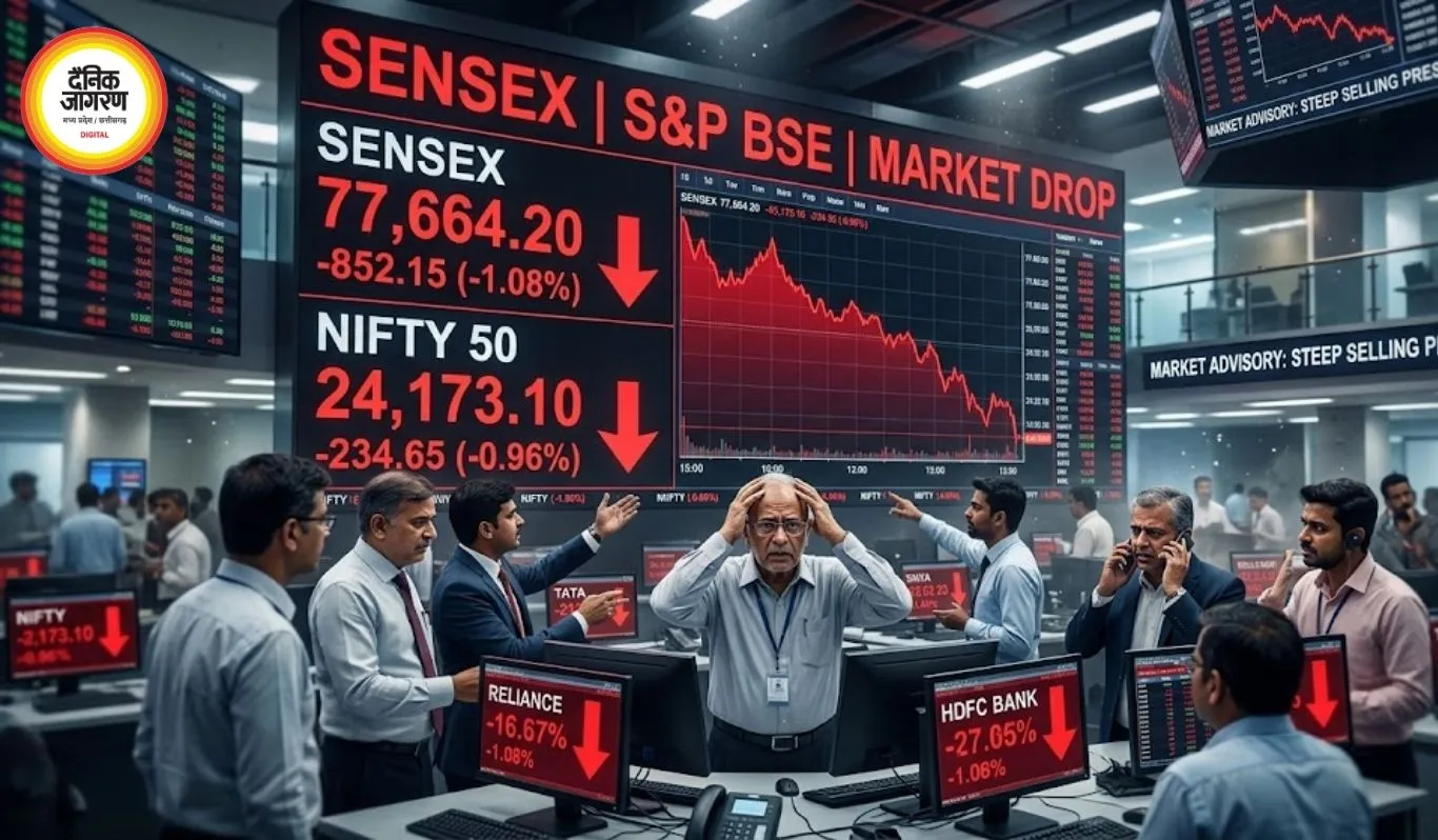 सेंसेक्स 852 अंक गिरकर 77,664 पर बंद, निफ्टी 24,173 पर