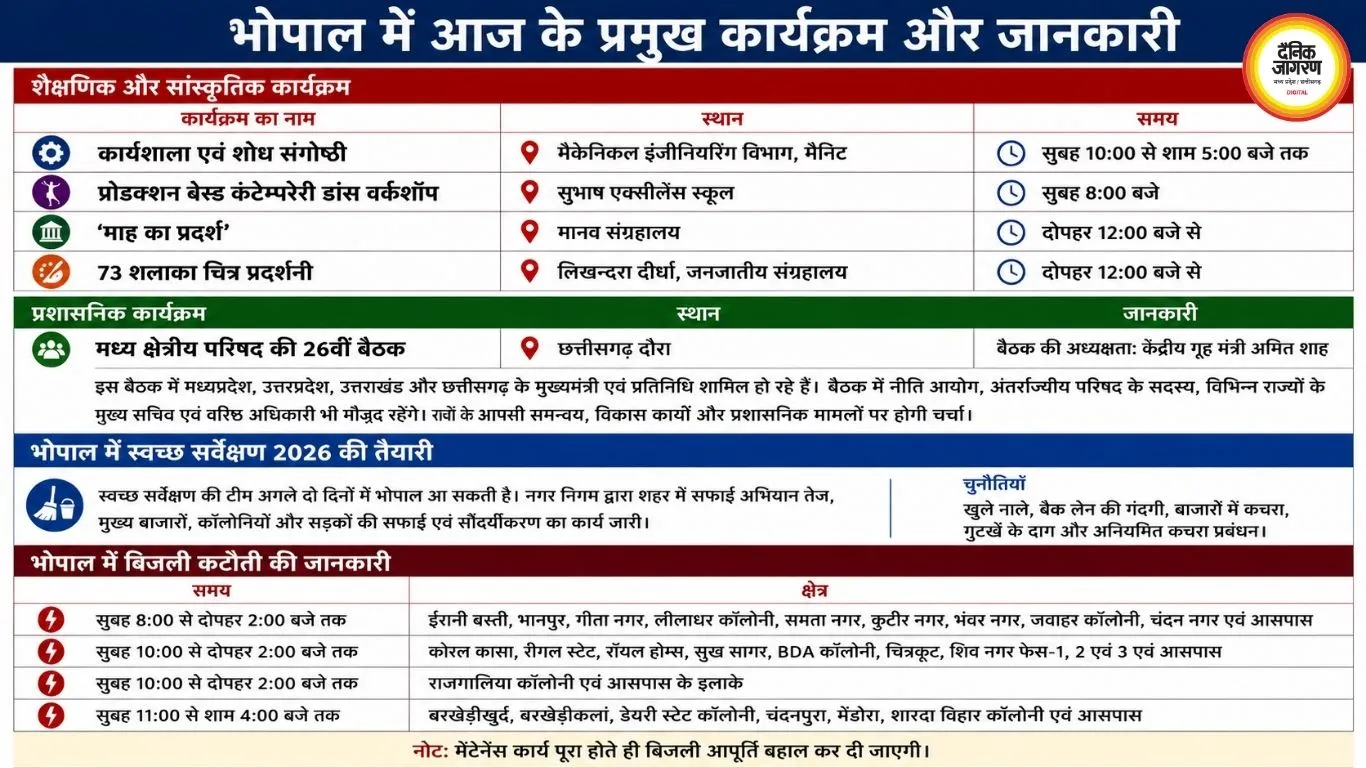 भोपाल में आज कई बड़े आयोजन, बिजली कटौती और स्वच्छ सर्वेक्षण की तैयारी, जानें और क्या होगा खास
