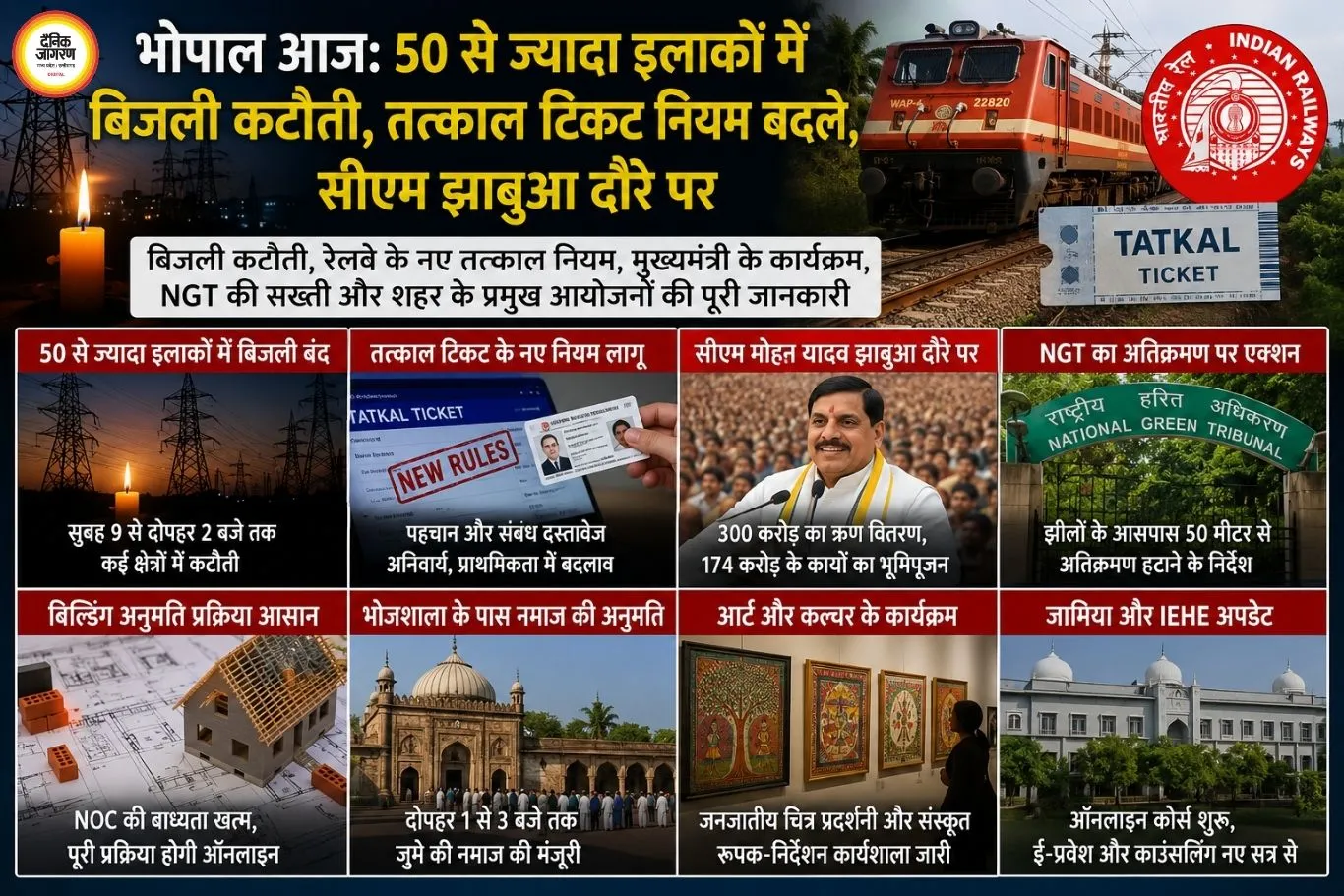 भोपाल आज: 50 से ज्यादा इलाकों में बिजली कटौती, तत्काल टिकट नियम बदले, सीएम झाबुआ दौरे पर