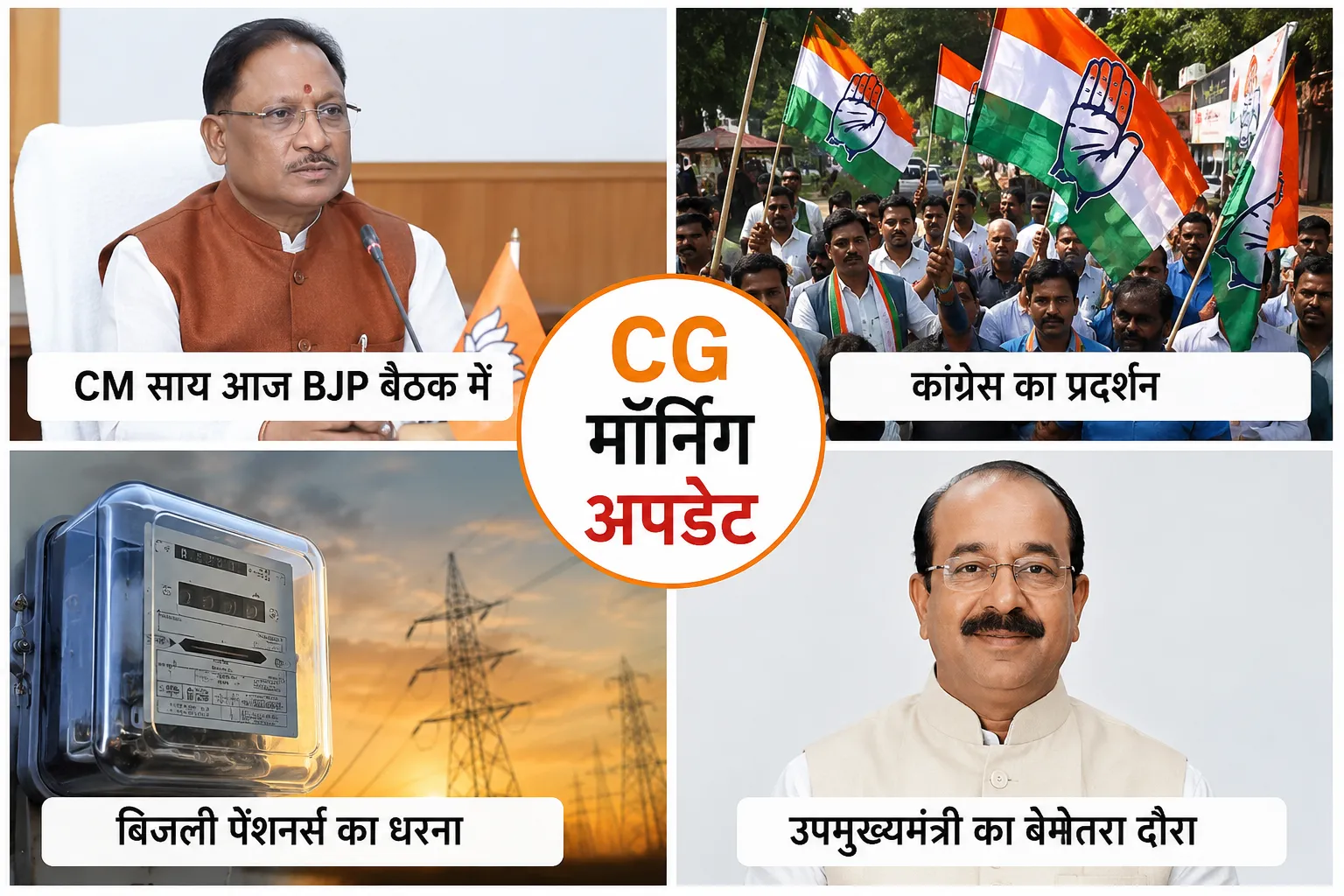 CG Morning Update: BJP बैठक में शामिल होंगे CM साय, कांग्रेस का प्रदेशव्यापी प्रदर्शन, बिजली पेंशनर्स का धरना आज