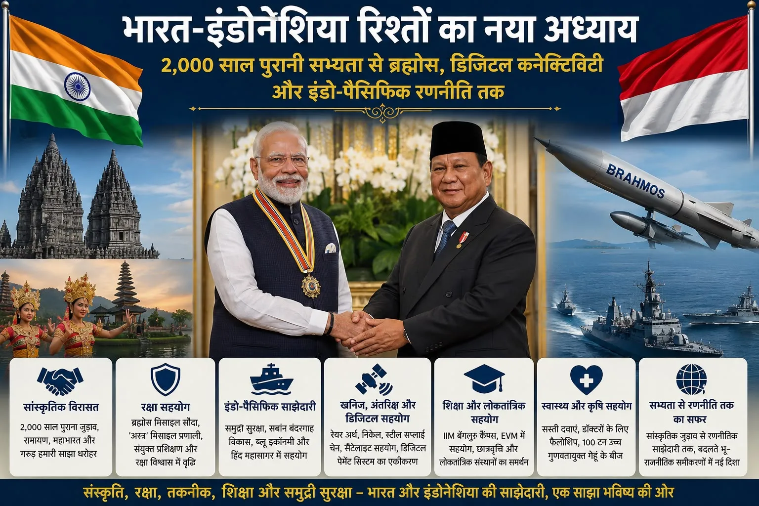 भारत-इंडोनेशिया रिश्तों का नया अध्याय: 2,000 साल पुरानी सभ्यता से ब्रह्मोस, डिजिटल कनेक्टिविटी और इंडो-पैसिफिक रणनीति तक