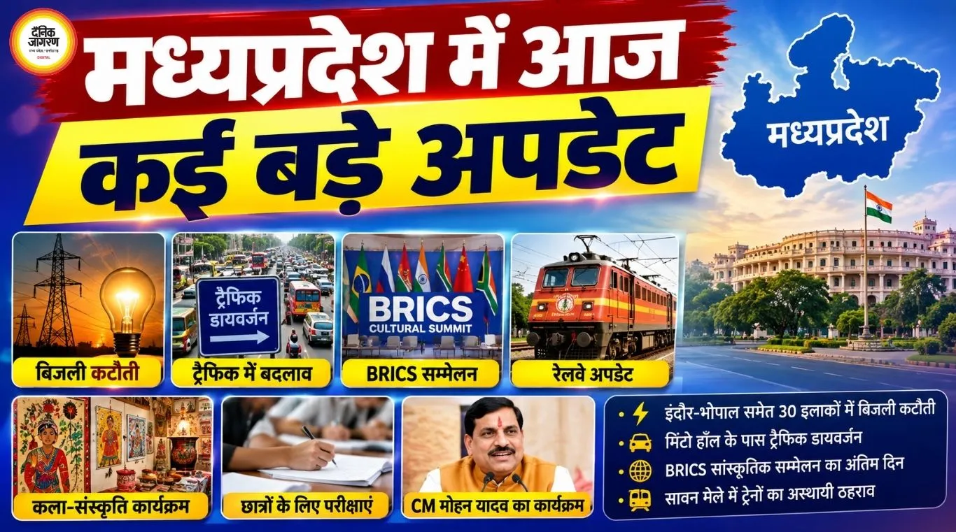भोपाल में आज कई बड़े अपडेट: 30 इलाकों में बिजली कटौती, मिंटो हॉल के पास ट्रैफिक डायवर्जन; BRICS से लेकर तिरंगा यात्रा तक हलचल