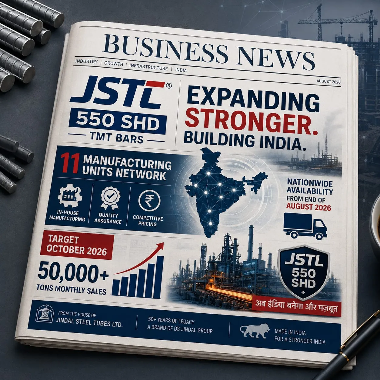 JSTL 550 SHD का आक्रामक राष्ट्रीय विस्तार: 11 मैन्युफैक्चरिंग यूनिट्स का नेटवर्क, अक्टूबर से 50,000+ टन मासिक बिक्री का लक्ष्य