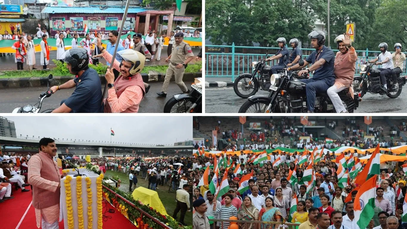 बारिश के बीच बुलेट पर निकले CM मोहन यादव, बच्चों के साथ पैदल चले; तिरंगा यात्रा में दिखा अलग अंदाज