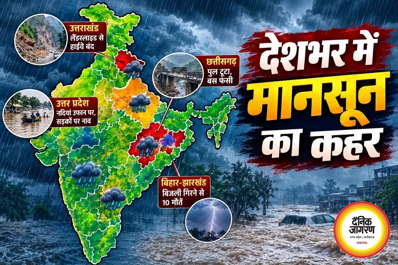 देशभर में मानसून का कहर: उत्तराखंड में लैंडस्लाइड से हाईवे बंद, छत्तीसगढ़ में पुल टूटा, यूपी-बिहार में बाढ़ और बिजली गिरने से जनजीवन प्रभावित
