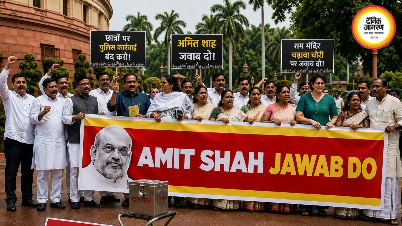 संसद परिसर में विपक्ष का हंगामा, शाह से जवाब की मांग पर प्रदर्शन