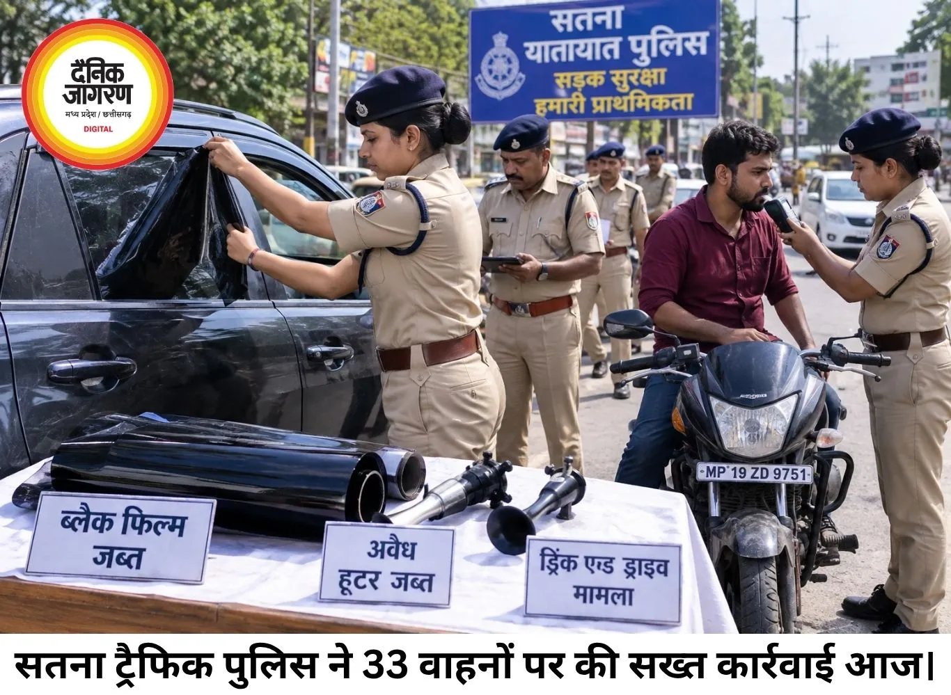सतना में ट्रैफिक पुलिस का बड़ा एक्शन, ब्लैक फिल्म-हूटर पर चला डंडा; 33 वाहनों पर कार्रवाई