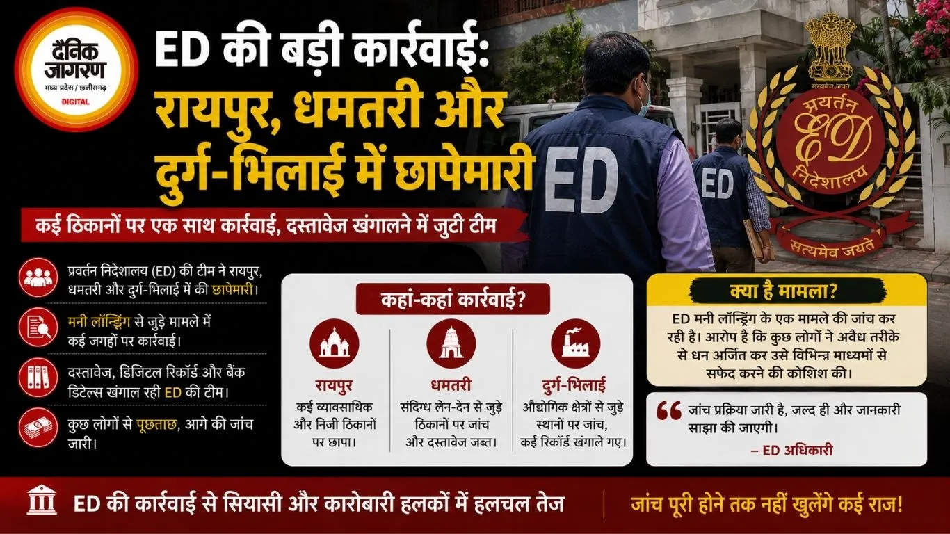 ED की बड़ी कार्रवाई: रायपुर, धमतरी और दुर्ग-भिलाई में छापेमारी