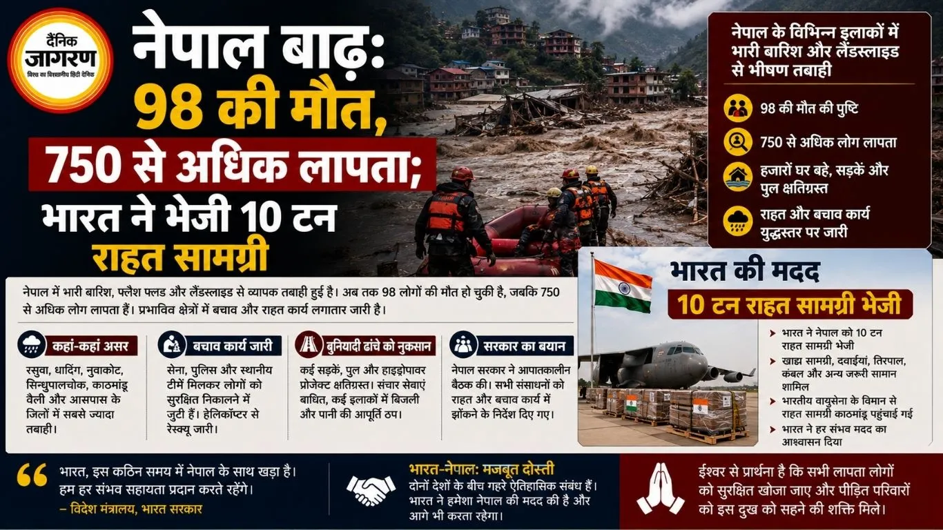 नेपाल बाढ़: 98 की मौत, 750 से अधिक लापता; भारत ने भेजी 10 टन राहत सामग्री
