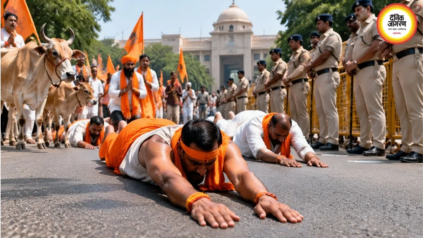 रायपुर में गौ सेवकों की दंडवत यात्रा, मांगों को लेकर कमिश्नर कार्यालय की ओर बढ़े