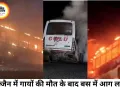 उज्जैन में दो गायों की मौत के बाद बस में तोड़फोड़, आग से वाहन जलकर खाक