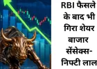 RBI के फैसले के बाद भी बाजार में बिकवाली, सेंसेक्स-निफ्टी लाल निशान में बंद