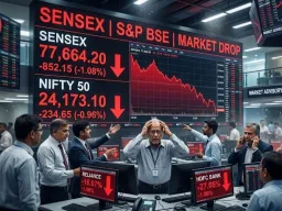 सेंसेक्स 852 अंक गिरकर 77,664 पर बंद, निफ्टी 24,173 पर