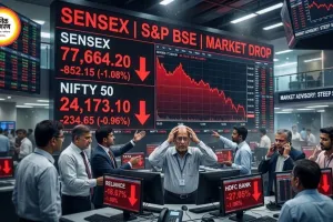 सेंसेक्स 852 अंक गिरकर 77,664 पर बंद, निफ्टी 24,173 पर