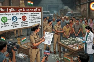 भिलाई में जुए का बड़ा फड़ पकड़ा, 15 जुआरी गिरफ्तार; नकदी और वाहन जब्त