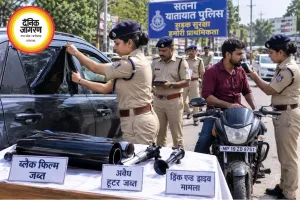 सतना में ट्रैफिक पुलिस का बड़ा एक्शन, ब्लैक फिल्म-हूटर पर चला डंडा; 33 वाहनों पर कार्रवाई